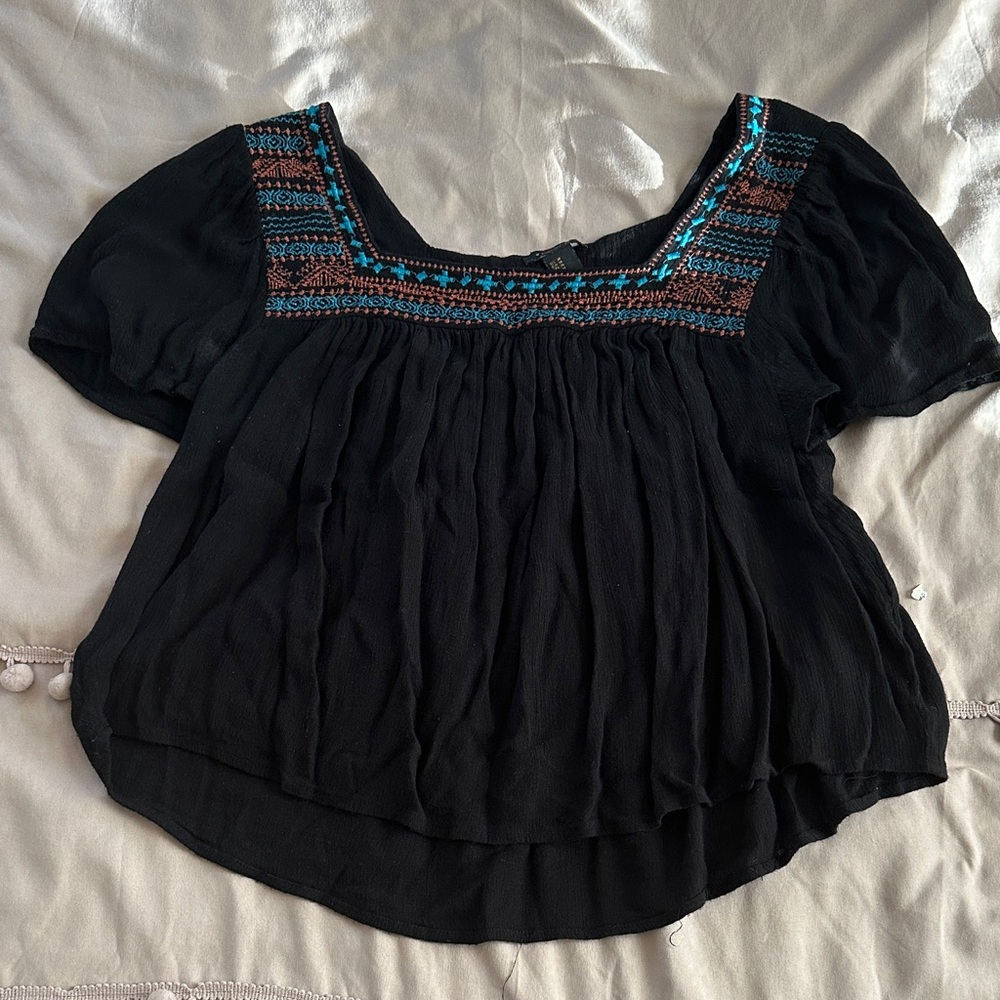 Forever 21 Black Blouse with Blue and Brown Details